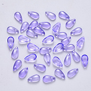 Transparent Spray Painted Glass Charms, with Glitter Powder, Teardrop, Lilac, 9.5x5x3mm, Hole: 1.2mm(GLAA-R211-07-C02)