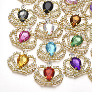 Brass Cabochons, with Acrylic Rhinestone and Glass Rhinestone, Crown, Golden, Mixed Color, 28~29x35~38x6mm(KK-T043-02G)