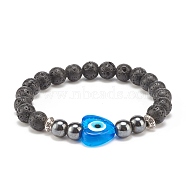 Natural Lava Rock & Synthetic Hematite Stretch Bracelet, Lampwork Heart with Evil Eye Beads Bracelet for Women, Dodger Blue, Inner Diameter: 2-1/8 inch(5.4cm)(BJEW-JB08323-01)
