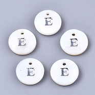 Natural Freshwater Shell Pendants, with Platinum Plated Iron Etched Metal Embellishments, Flat Round with Initial Letter, White, Letter.E, 11x2mm, Hole: 1.5mm(SHEL-Q018-01A-E-P)