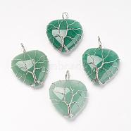 Natural Green Aventurine Pendants, with Brass Findings, Heart, Platinum, 39~42x30~31x10~11mm, Hole: 5mm(G-G713-F07)