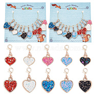 10Pcs 2 Style Heart Stitch Markers, CCB Plastic Paillette Crochet Lobster Clasp Charms, Locking Stitch Marker with Wine Glass Charm Ring, Mixed Color, 3~3.4cm, 2 style, 5pcs/style, 10pcs/set(HJEW-AB00195)