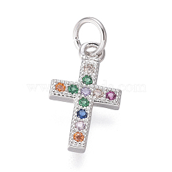 Brass Micro Pave Cubic Zirconia Charms, with Jump Rings, Cross, Colorful, Platinum, 14x8.5x1.5mm, Hole: 3mm(X-ZIRC-I032-64P)