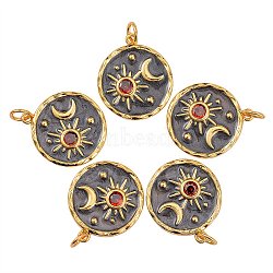 5Pcs Brass Micro Pave Cubic Zirconia Pendants, with Enamel and Jump Rings, Flat Round with Moon & Star, Real 18K Gold Plated, 21x18x3mm, Hole: 3.5mm(ZIRC-SZ0001-73)