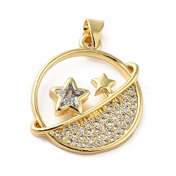 Rack Plating Brass Micro Pave Cubic Zirconia Pendants, Real 18K Gold Plated, Long-Lasting Plated, Lead Free & Cadmium Free, Planet with Star, Clear, 23.5x20x3.5mm, Hole: 5x3.5mm(KK-E281-10G)
