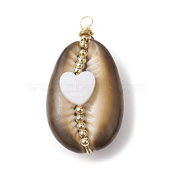 Natural Cowrie Shell Copper Wire Wrapped Pendants, Shell Charms with Natural Freshwater Shell Beads, Heart, 35~36.5x20~20.5x12.5~13mm, Hole: 2.5mm(PALLOY-JF02451-02)