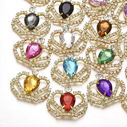 Brass Cabochons, with Acrylic Rhinestone and Glass Rhinestone, Crown, Golden, Mixed Color, 28~29x35~38x6mm(KK-T043-02G)
