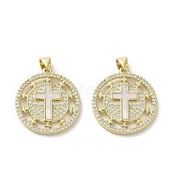 Brass Micro Pave Clear Cubic Zirconia Pendants, with Shell, Real 18K Gold Plated, Flat Round, Cross, 24.5x22.5x2.5mm, Hole: 3.5x4.5mm(KK-I708-04E-G)