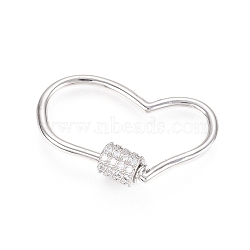 Brass Micro Pave Clear Cubic Zirconia Screw Carabiner Lock Charms, for Necklaces Making, Heart, Platinum, 18.5x30.5x5.5mm(ZIRC-L085-05P)
