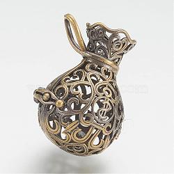 Brass Cage Pendants, For Chime Ball Pendant Necklaces Making, Money Bags, Antique Bronze, 32.5x25x22mm, Hole: 5x8mm, inner size: 20x23mm(KK-D528-01AB)
