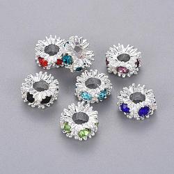Alloy Rhinestone European Beads, Large Hole Beads, Lead Free and Cadmium Free, Rondelle, Silver Color Plated, Mixed Color, 13.5x6.5mm, Hole: 5mm(MPDL-6.5X13.5-M)