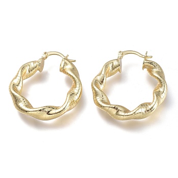 Brass Hoop Earrings, with 304 Stainless Steel Pins, Twisted Ring Shape, Real 18K Gold Plated, 34x31x6mm, Pin: 0.7x2mm