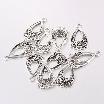 Tibetan Style Chandelier Component Links, teardrop, Antique Silver, Lead Free and Cadmium Free, 28x15.5x1mm, Hole: 1.5mm