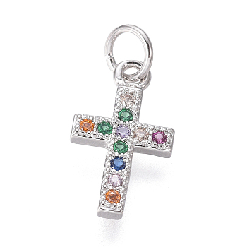 Brass Micro Pave Cubic Zirconia Charms, with Jump Rings, Cross, Colorful, Platinum, 14x8.5x1.5mm, Hole: 3mm