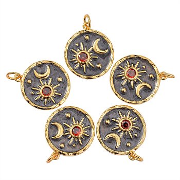 5Pcs Brass Micro Pave Cubic Zirconia Pendants, with Enamel and Jump Rings, Flat Round with Moon & Star, Real 18K Gold Plated, 21x18x3mm, Hole: 3.5mm