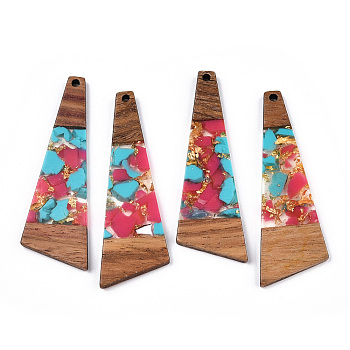 Transparent Resin & Walnut Wood Big Pendants, with Gold Foil, Trapezoid Charms, Camellia, 57.5x19.5x3mm, Hole: 2mm