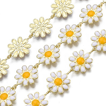 Brass Flower Link Chains, with Enamel, Unwelded, Real 16K Gold Plated, White, 13.5~14x9.5~10x1mm