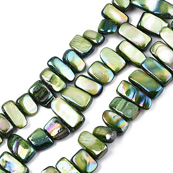 Natural Freshwater Shell Beads Strands, AB Color, Dyed, Nugget Stick, Dark Olive Green, 8~25x6~10x2~6mm, Hole: 0.5mm, about 46~49pcs/strand, 13.98 inch~14.56 inch(35.5~37cm)