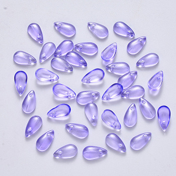Transparent Spray Painted Glass Charms, with Glitter Powder, Teardrop, Lilac, 9.5x5x3mm, Hole: 1.2mm