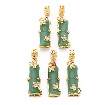 Glass Pendants, with Light Gold Plated Brass Findings and Rhinestone, Oval, Green, 31~32x10~12.5x7~9mm, Hole: 3.5x7mm