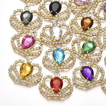 Brass Cabochons, with Acrylic Rhinestone and Glass Rhinestone, Crown, Golden, Mixed Color, 28~29x35~38x6mm
