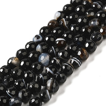 Natural Striped Agate/Banded Agate Beads Strands, Dyed & Heated, Faceted Round, Black, 8mm, Hole: 1mm, about 46pcs/strand, 14.69~15.16''(37.3~38.5cm)