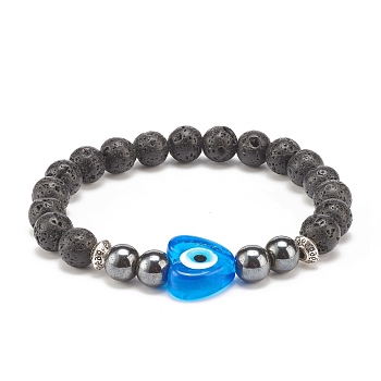 Natural Lava Rock & Synthetic Hematite Stretch Bracelet, Lampwork Heart with Evil Eye Beads Bracelet for Women, Dodger Blue, Inner Diameter: 2-1/8 inch(5.4cm)