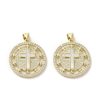 Brass Micro Pave Clear Cubic Zirconia Pendants, with Shell, Real 18K Gold Plated, Flat Round, Cross, 24.5x22.5x2.5mm, Hole: 3.5x4.5mm