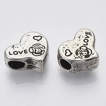 Valentine's Day Theme, CCB Plastic Beads, Carved Heart with Word Love, Antique Silver, 7.5x15x6mm, Hole: 4mm, about 650pcs/500g