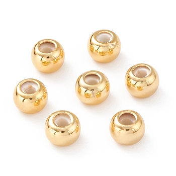 Brass Beads, with Rubber Inside, Slider Beads, Stopper Beads, Long-Lasting Plated, Round, Real 18K Gold Plated, 6x4.5mm, Hole: 2mm