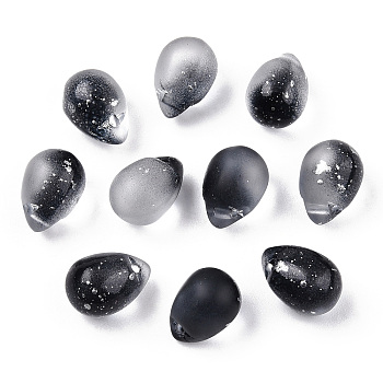 Two Tone Spray Painted Glass Charms, with Silver Foil, Frosted, Teardrop, Black, 14x10x9.5mm, Hole: 1mm
