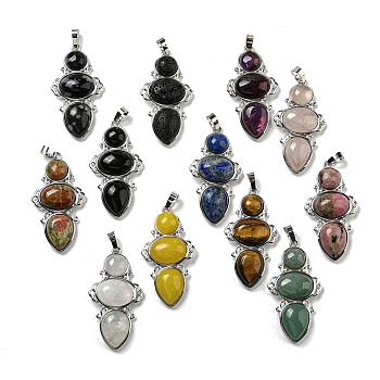 Natural & Synthetic Mixed Gemstone Pendants, Rack Plating Brass Flower Charms, Cadmium Free & Lead Free, Platinum, 47x24x6.5mm, Hole: 7.5x5mm