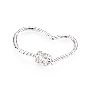 Brass Micro Pave Clear Cubic Zirconia Screw Carabiner Lock Charms, for Necklaces Making, Heart, Platinum, 18.5x30.5x5.5mm