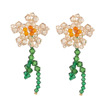 Imitation Austrian Crystal Flower of Life Dangle Stud Earrings, Glass Beads Drop Earrings, Orange, 75x30mm, Pin: 0.6mm