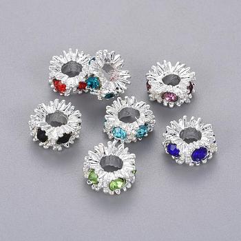 Alloy Rhinestone European Beads, Large Hole Beads, Lead Free and Cadmium Free, Rondelle, Silver Color Plated, Mixed Color, 13.5x6.5mm, Hole: 5mm