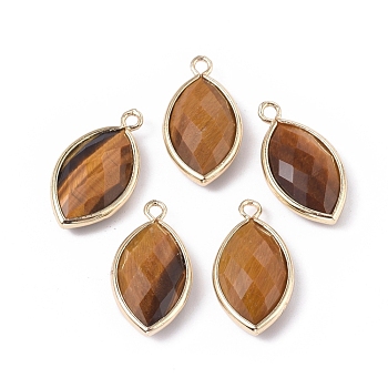 Natural Tiger Eye Pendants, with Golden Plated Brass Findings, Faceted, Horse Eye, 21.5x11.5x3~5mm, Hole: 1.6mm