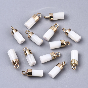 Natural Freshwater Shell Charms, with Light Gold Plated Brass Loop and Half Drilled Hole, Column, Creamy White, 14x5mm, Hole: 1.8mm, Half Hole: 1mm