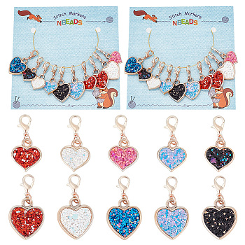 10Pcs 2 Style Heart Stitch Markers, CCB Plastic Paillette Crochet Lobster Clasp Charms, Locking Stitch Marker with Wine Glass Charm Ring, Mixed Color, 3~3.4cm, 2 style, 5pcs/style, 10pcs/set