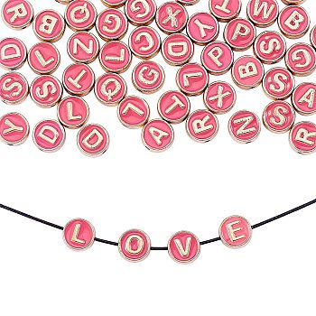 Alloy Enamel Beads, Flat Round with Letter, Light Gold, Hot Pink, 8x3.5mm, Hole: 1.4mm, 50pcs/box