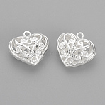 Brass Pendants, Hollow Heart, Silver Color Plated, 19.5x21.5x10.5mm, Hole: 1.5mm(KK-S328-15)