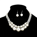 Alloy & Crystal Rhinestone & Plastic Pearl Round Beaded Necklace & Dangle Earring, Silver, 400mm(FS-WG9A175-01)