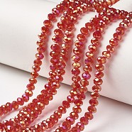 Electroplate Transparent Glass Beads Strands, Full Rainbow Plated, Faceted, Rondelle, Red, 4x3mm, Hole: 0.4mm, about 123~127pcs/strand, 16.5~16.9 inch(42~43cm)(EGLA-A034-T4mm-T02)