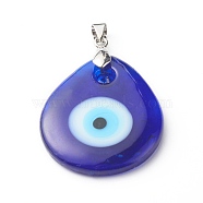 Handmade Lampwork Evil Eye Pendants, with Grade AA Brass Ice Pick Pinch Bails Finding, Teardrop, Dark Blue, 41x30x5mm, Hole: 6x4mm(PALLOY-JF00816)