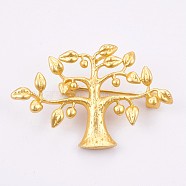 Brass Safety Brooch, Long-Lasting Plated, Tree, Golden, 27x41x6mm, Pin: 1mm(ZIRC-E149-35G)
