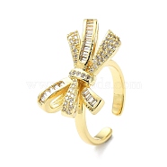Rack Plating Brass Micro Pave Cubic Zirconia Open Cuff Rings, Cadmium Free & Lead Free, Long-Lasting Plated, Bowknot, Real 18K Gold Plated, Inner Diameter: 17.8mm(RJEW-C076-06C-G)