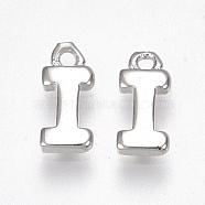 Brass Charms, Letter, Nickel Free, Real Platinum Plated, Letter.I, 8x4x1.5mm, Hole: 0.8mm(X-KK-S350-167I-P)