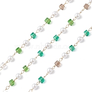 Cube & Round Glass & ABS Imitation Pearl Beaded Chains, Unwelded, with 304 Stainless Steel Link Chains, Golden, Light Sea Green, 2.5~3x2.5~3x2.5mm(CHS-P016-43G-02)