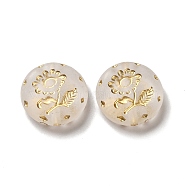 Transparent Plating Acrylic Beads, Golden Metal Enlaced, Flat Round with Flower, Frosted, Clear, 18x5.5mm, Hole: 1.8mm, about 399pcs/500g(X-OACR-L013-027)