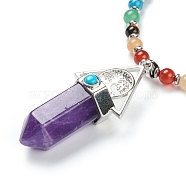 Chakra Jewelry, Faceted Bullet Natural Amethyst Pendant Necklaces, with Gemstone Round Beads and Platinum Plated Alloy Findings, 16.42 inch(41.7cm)(NJEW-I246-01D)