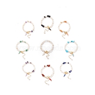 Natural Mixed Stone Chips & Pearl Beaded Bracelet with Enamel Lighting Bolt Charms, Gemstone Jewelry for Women, Golden, 7-5/8 inch(19.5cm)(BJEW-JB08332-M)